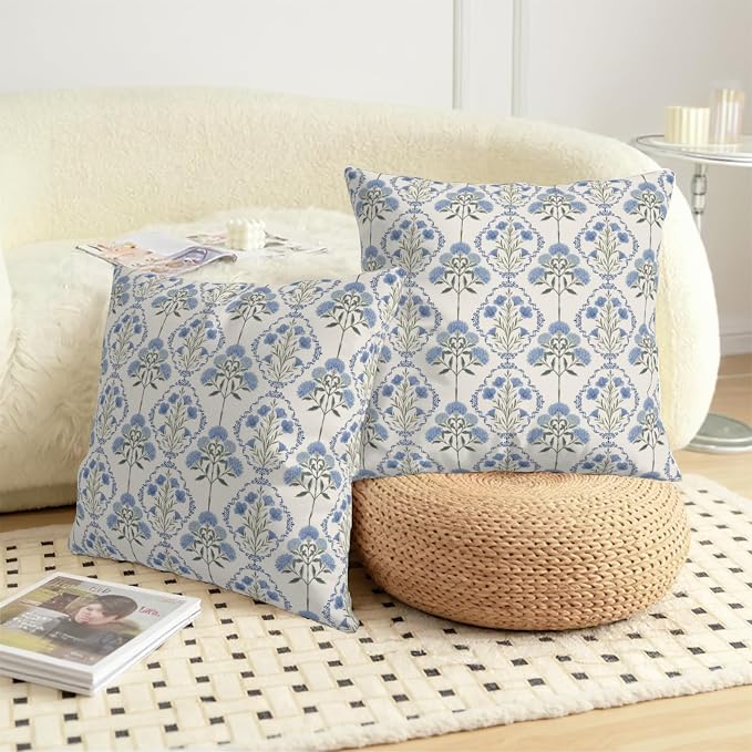 Vintage Floral Pillow Covers Blue Green Boho Flower Block Print Throw Pillow Cover 18x18 Spring Summer Hydrangea Pillow Cases Wildflower Farmhouse Cushion Case for Home 2 Pack