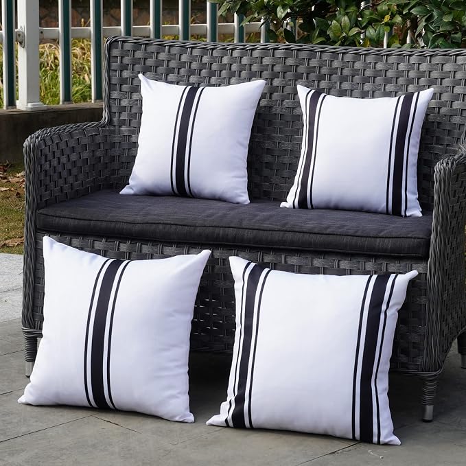 ONWAY Outdoor Pillow Covers 16x16 Waterproof Set of 2 Decorative Throw Cushion Cover White and Black Striped Outdoor Pillows for Patio Furniture