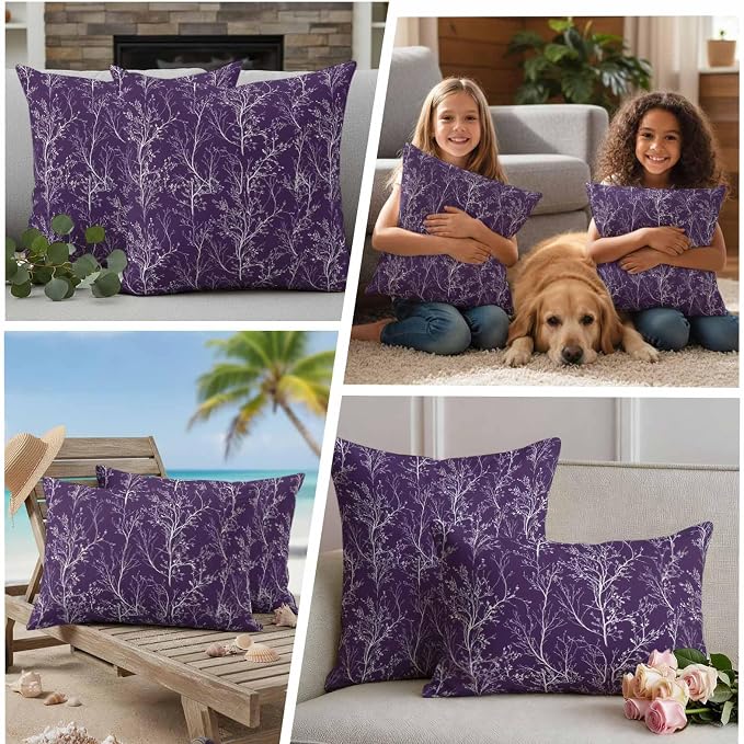Purple Branches Waterproof Outdoor Pillow Covers Set of 2 Home Decor, Abstract Art Leaves Plant Pillowcase Patio Pillow Covers for Couch Bench Patio Furniture Garden 16x16in