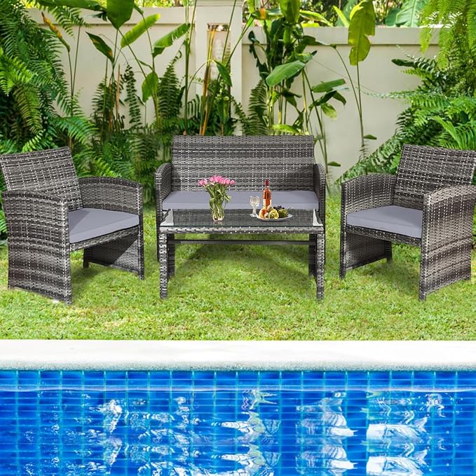 HAPPYGRILL 4 Pieces Rattan Patio Conversation Set with Soft Cushions, Outdoor Furniture Set with PE Wicker Coffee Table & Sofa Chairs for Garden Poolside Porch Backyard