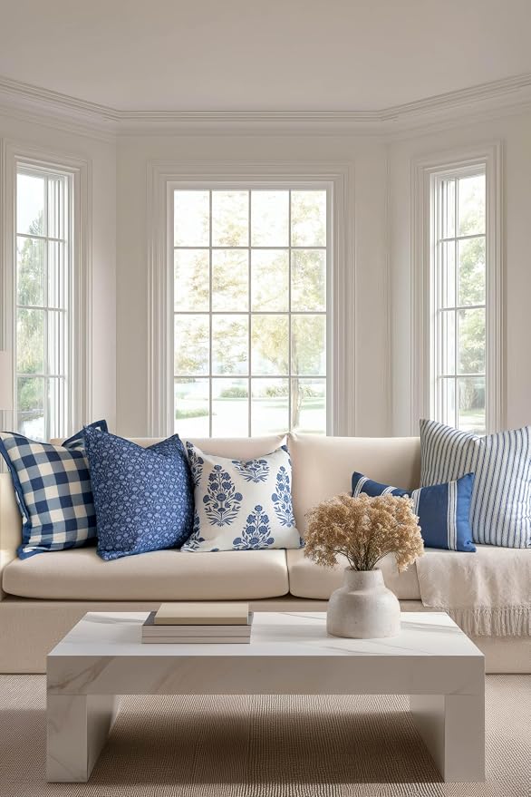 California Casual Coastal Indoor Outdoor Throw Pillow Cover, 22"x22" Water Repellent for Patio, Backyard, Couch, Poolside, Azure Blue Print Botanical Flowers and Leaves