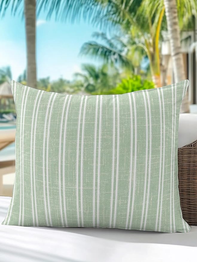 Waterproof Outdoor Pillow 1 Pack Green Linen Striped Decorative Throw Pillows Cover & Insert 16x16 Inch Pillowcase Vertical Stripes Lines Pillows for Couch Sofa Bed Patio Furniture Indoor Outdoor