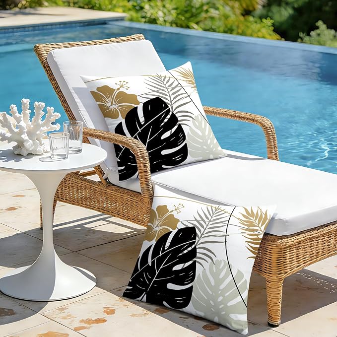 OTOSTAR Outdoor Waterproof Throw Pillow Covers 20x20 Inch Set of 2 Double-Sided Black Brown Grey Tropical Leaf and Flower Spring Summer Decorative Pillow Cases for Patio Funiture Garden Balcony Couch