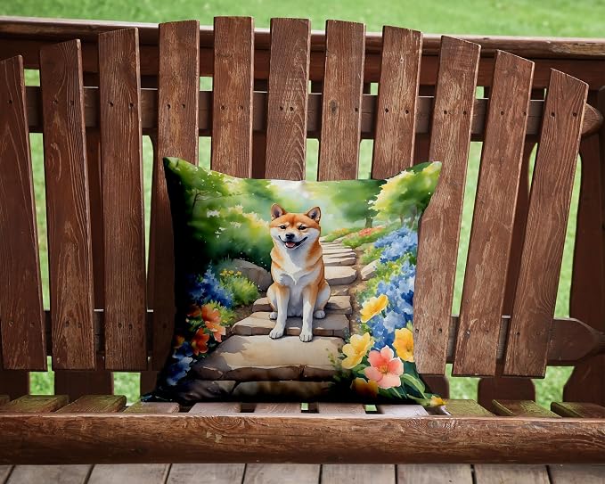 Caroline's Treasures Shiba Inu Spring Path Throw Pillow Machine Washable, Indoor Outdoor Decorative Pillow for Couch, Bed or Patio, 14Hx14W