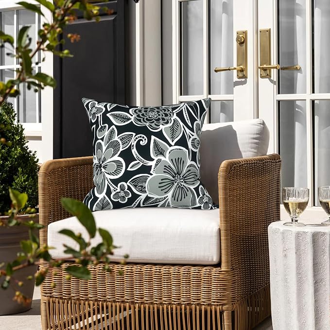 LVTXIII Outdoor/Indoor Throw Pillows, Decorative Throw Pillows with Inserts, 18"x18" Square Pillows for Bed, Couch, Sofa and Patio Furniture, Set of 2, Flower Black