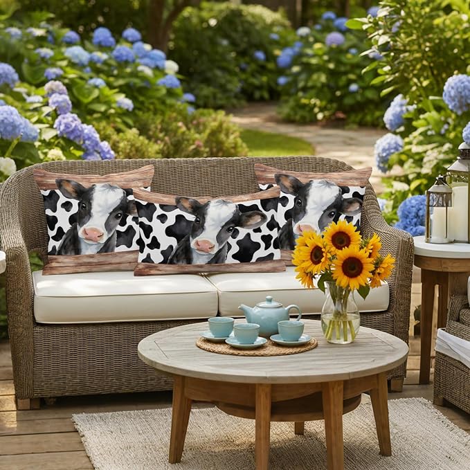 Cow Printed Outdoor Pillow Covers 20x20 Inch Throw Pillow Covers Set of 2 Waterproof Decorative Pillow Cases Farmhouse Watercolor Country Wooden Grain Cushion Covers for Patio Furniture Garden Couch