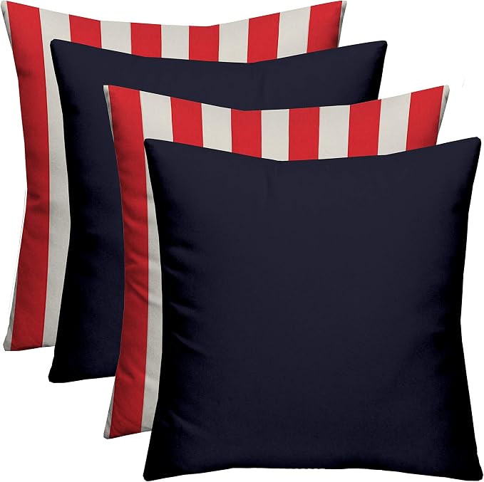 RSH DECOR Indoor/Outdoor All Weather Polyester Fabric, Decorative Accent Pillows for Patio Furniture, Reversible, 17" x 17", Navy Blue + Red & White Stripe - Set of 4 Square Throw Pillows
