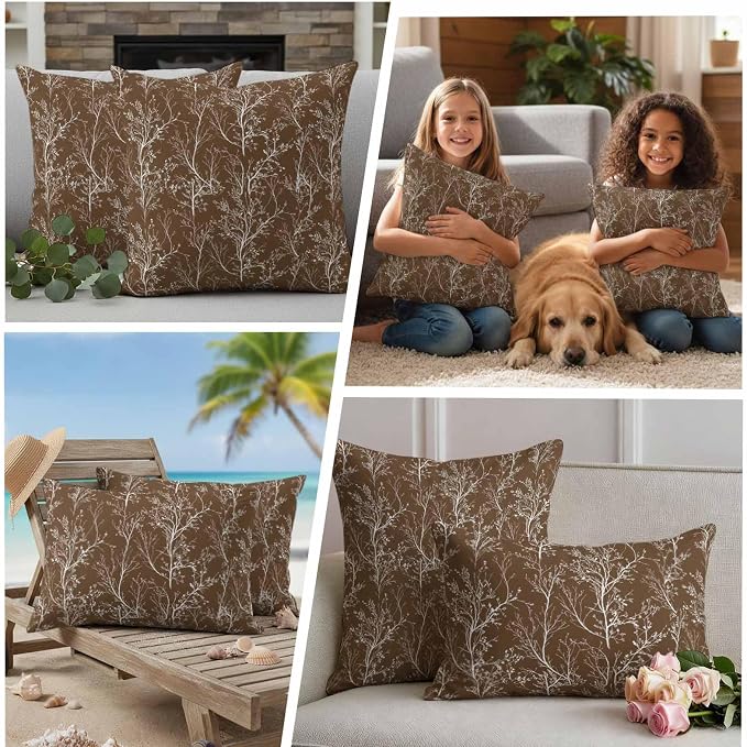 Brown Branches Waterproof Outdoor Pillow Covers Set of 2 Home Decor, Abstract Art Leaves Plant Lumbar Pillowcase Patio Pillow Covers for Couch Bench Patio Furniture Garden 20x20in