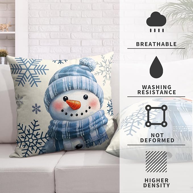 Lovely Blue Snowman Pillow Covers Winter Throw Pillow Case 18x18 Set of 2 Snowflakes Pillowcase Holiday Cushion Case for Living Room Bedroom Couch Sofa