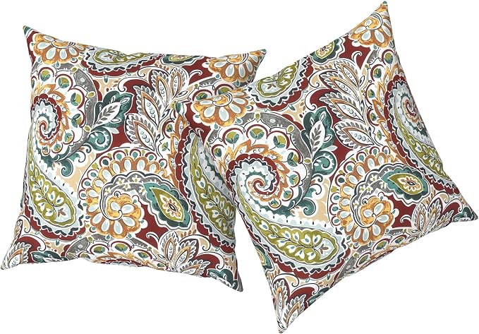 Outdoor Pillows with Insert 20x20 Inch, Waterproof Throw Pillow for Patio Furniture, Decorative Back Cushion for Garden Home Sofa Office Chair, Set of 2, Paisley Chilli