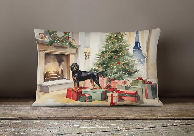 Caroline's Treasures DAC2612PW1216 Black and Tan Coonhound Cozy Christmas Throw Pillow Machine Washable, Indoor Outdoor Decorative Pillow for Couch, Bed or Patio, 12HX16W