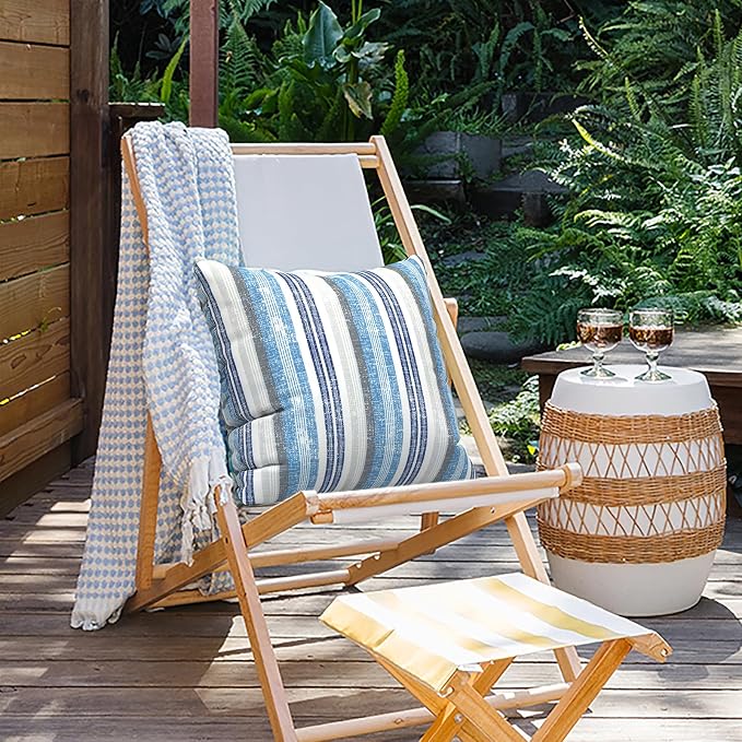 Outdoor Pillows for Patio Furniture 20x20 inch, Square Outdoor Throw Pillows with Inserts, Decorative Patio Pillows for Garden Couch Home Sofa Office Chair, Pack of 2, Stripe Layered Blue