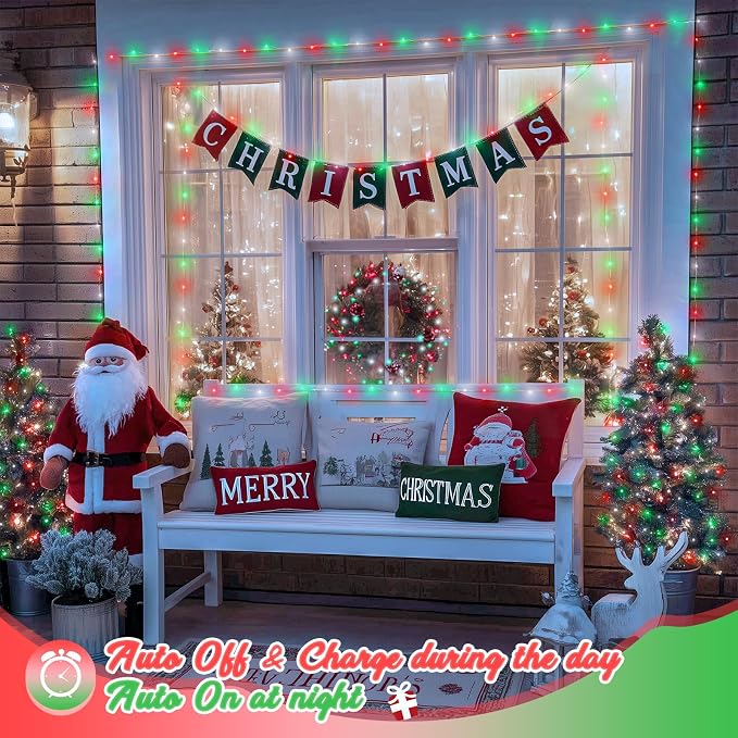 JMEXSUSS 2 Pack Solar Fairy Lights, Each 33FT 100 LED, Red White and Green | Outdoor Waterproof, 8 Modes Solar String Lights for Outside Garden Yard Patio Christmas Decorations