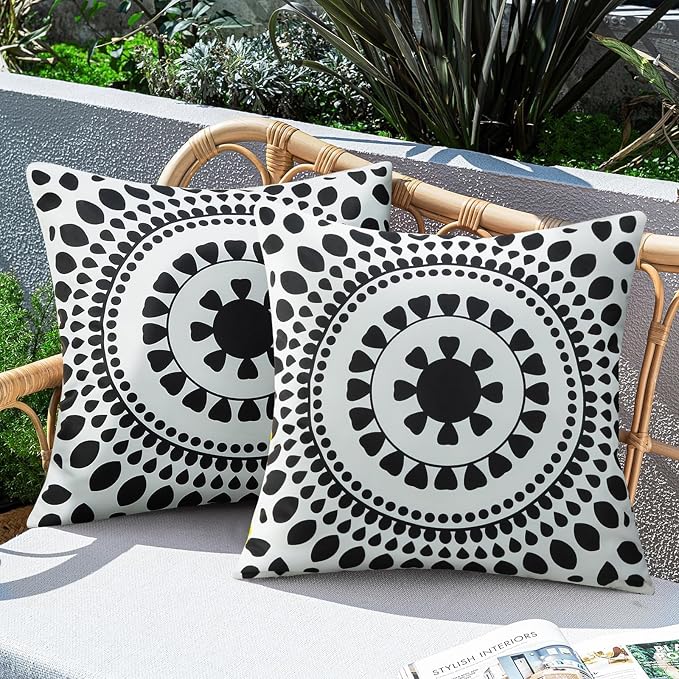 Merrycolor Set of 2 Outdoor Waterproof Throw Pillow Covers 20 * 20Inch Black and White Pillow Covers Floral Decorative Square Pillowcases Farmhouse Boho Outdoor Pillows for Patio Furniture