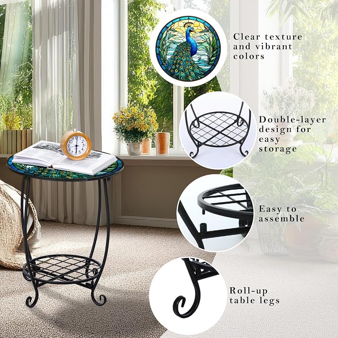 Cinnvoice Outdoor Side Table Round Small Mosaic Patio Accent Indoor End Plant Coffee Tea Table for Yard Patio Porch Garden Living Room, Bedroom(Peacock Style,18 Inch)