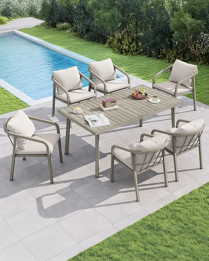 Outdoor Dining Chairs Set of 4, Never-Rust Aluminum Patio Dining Chairs with Removable Cushion, Ergonomic Patio Chairs with Wraparound Seating Design for Deck, Poolside, Commercial, Gray Oak