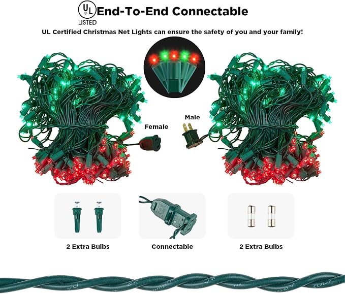 Led Net Lights Christmas Lights Outdoor 200Led 9ftx6ft Upgraded Red and Green Christmas Net Lighting, Waterproof 5mm LED Wide Angle Outdoor Indoor Mesh Net Light for Trees, Bushes, Shrubs Decorations