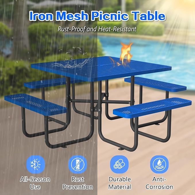 46'' Square Metal Picnic Table with 1.73" Umbrella Hole, Heavy-Duty Commercial Grade Steel Table Set, Rust Resistant Mesh Tabletop, Smooth Round Corner Design for Patio, Garden, Park & BBQ, Blue