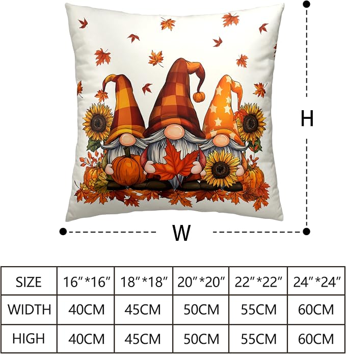 Fall Gnome Pillow Covers 22x22 Set of 2 Pumpkin Sunflower Maple Leaves Throw Pillow Covers Autumn Pillow Case Thanksgiving Cushion Case for Home Decor Couch Sofa