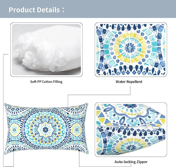 Outdoor Lumbar Pillows 12x20 inch, Rectangle Throw Pillows with Inserts, Decorative Lumbar Cushions for Patio Furniture Garden Couch Home Sofa Office Chair, Pack of 2, Delancey Lagoon