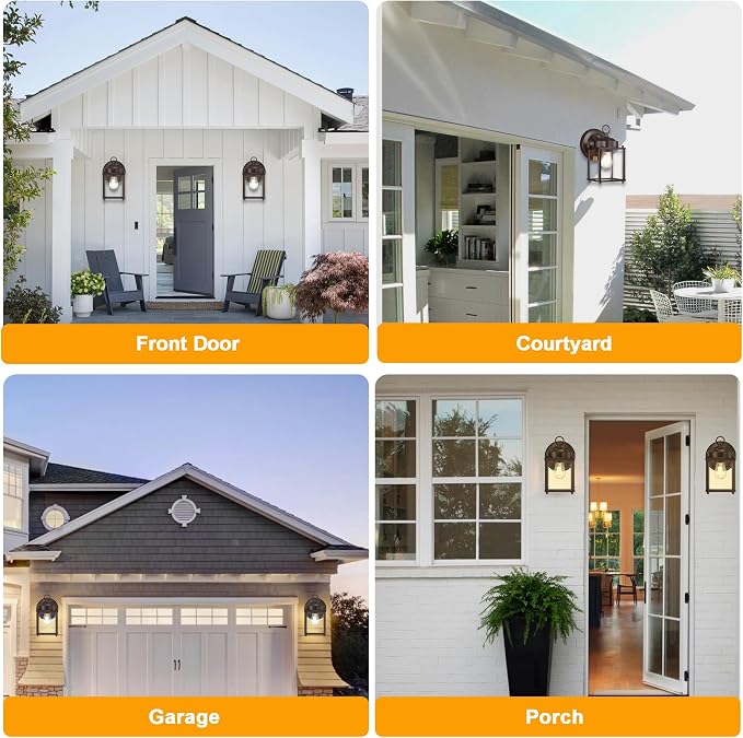 Outdoor Wall Light, Porch Lamp, Dusk to Dawn, Bronze | Exterior Wall Sconce Fixture for House, Garage, Patio, Rustproof Waterproof, Metal Housing with Glass, E26 Base, 4 Pack