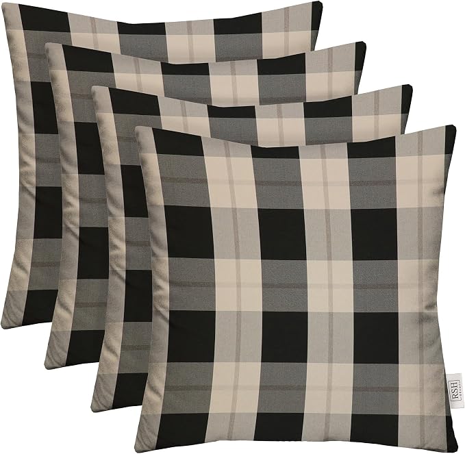RSH DECOR Square Throw Pillows Set of 4, 17" x 17", All Weather Pillows, Branson Pewter Plaid, Made in USA