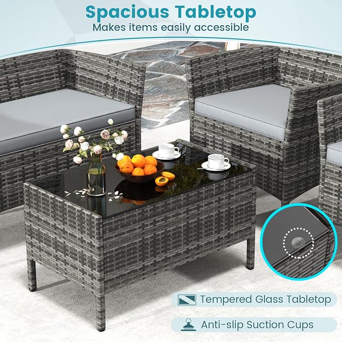 HAPPYGRILL 8 Pieces Outdoor Rattan Conversation Set, Patio Wicker Furniture Set with Loveseat Chairs & Tempered Glass Coffee Table, Outside Sectional Sofa Set for Backyard Garden Poolside, Gray