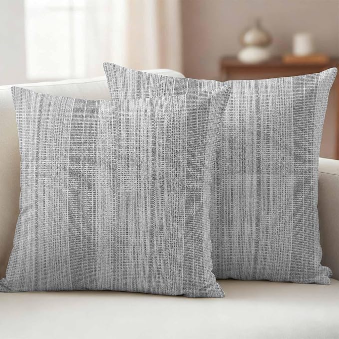 Abstract Gray Outdoor Pillow Covers 18"x18" Set of 2, Rustic Farmhouse Minimalist Grey Vertical Striped Lines Waterproof Throw Pillow Covers for Patio Furniture, Decorative Cushion Covers for Porch