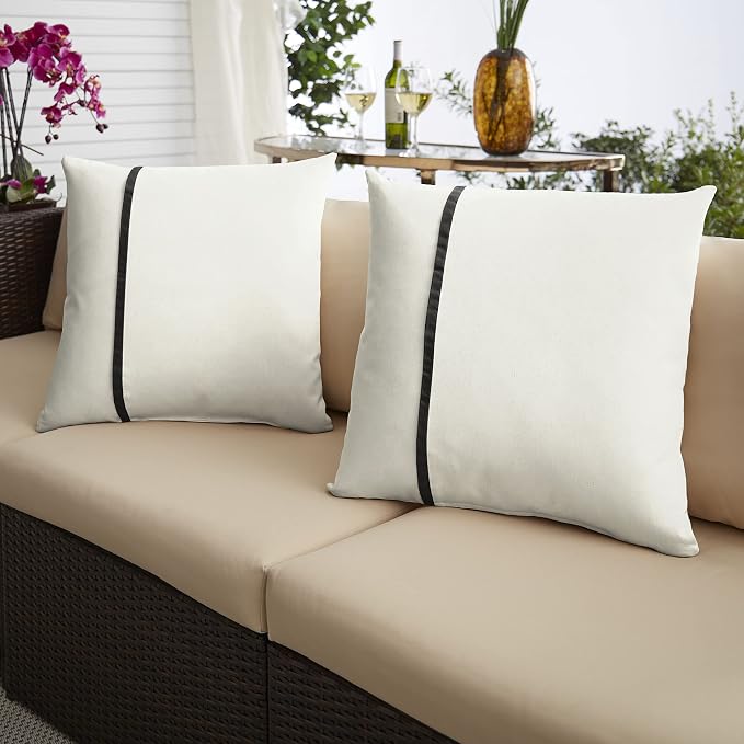 Sorra Home Indoor Outdoor Sunbrella Square Pillows, Set of 2, 20x20, Canvas Natural Ivory & Canvas Black