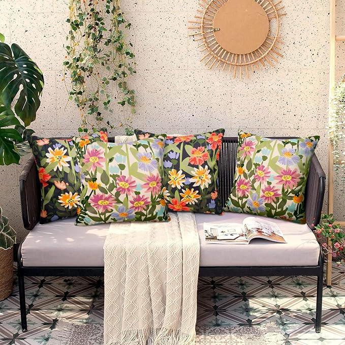 Pyonic Outdoor Pillows Waterproof Cover Pack of 2 Floral Waterproof Throw Pillows 18x18 inch for Patio Furniture Garden Furniture,Balck