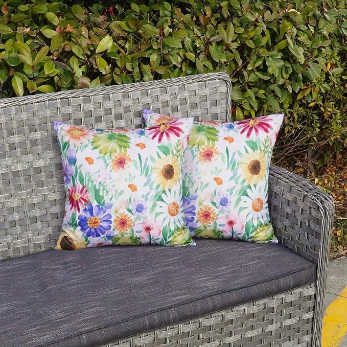 ONWAY Outdoor Floral Pillow Covers 18X18 inch Set of 2 Waterproof Yellow and Green Daisy Decorative Throw Pillowcases for Patio Furniture Garden Spring Summer Cushion Cover