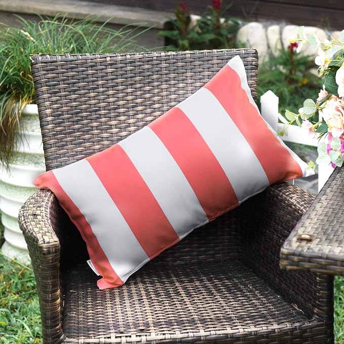 Pack of 2 Decorative Outdoor Waterproof Striped Throw Pillow Covers 12x20 | Pink,Solid, Polyester Linen Garden Farmhouse Cushion Cases for Couch Sofa Patio Tent Balcony