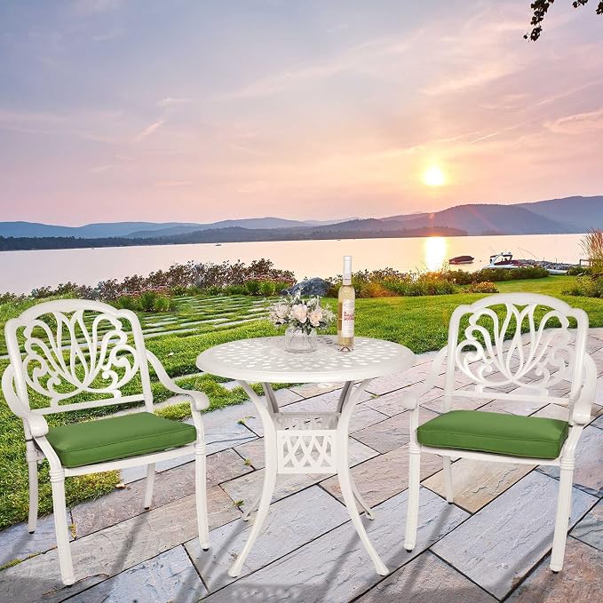 3-Piece Outdoor Patio Dining Set, All-Weather Cast Aluminum Patio Furniture Set for Backyard Garden Deck with 2 Cushioned Chairs and 31” Round Table, 2" Umbrella Hole, White