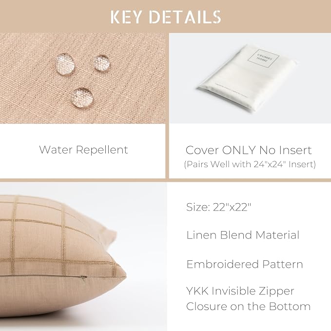 Modern Farmhouse Fall Linen Indoor Outdoor Throw Pillow Cover Only, 22"x22" Water Repellent for Patio, Backyard, Couch, Ivory Cream Plaid