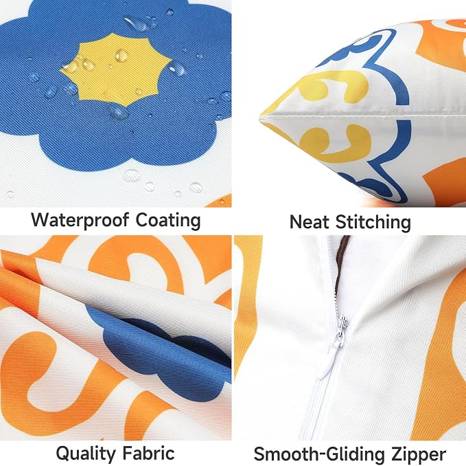 Outdoor Pillow Covers Waterproof Cushion Covers Patio Pillows Case 2 Pack | 18x18inch,Printed Boho Flowers,Seamless,Hidden Zipper,Machine Washable,Perfect decoration for Porch,Patio,Balcony