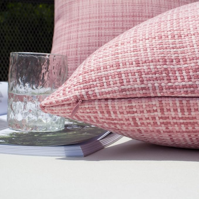 Kevin Textile Outdoor Waterproof 12"x24" Lumbar Pillow Covers 2 Pack, Pink | Water Resistant, Faux Linen Yarn-dyed, Woven Texture Throw Pillow Covers for Tent Patio Garden Couch Sofa