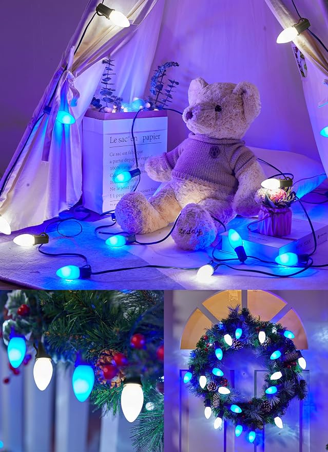 C9 Christmas Lights Outdoor, 100Ft 50 LED Blue & Pure White String Lights | Waterproof Shatterproof Connectable Christmas Tree Lights for House Outside Roofline Patio Yard Home Xmas Decorations