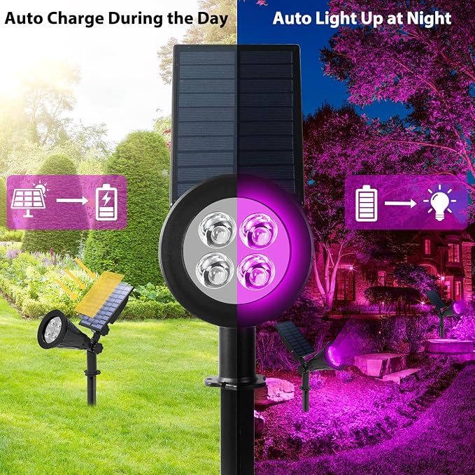 T-SUN Purple Solar Spot Lights Outdoor, Solar Black Lights Outdoor,4 Pack | 4 LEDs, 2 Lighting Modes, IP65 Waterproof Dusk to Dawn Solar Lights for Tree, Patio, Yard, Garden, Driveway, Halloween