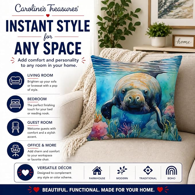 Caroline's Treasures Manatee Throw Pillow Machine Washable, Indoor Outdoor Decorative Pillow for Couch, Bed or Patio, 14Hx14W
