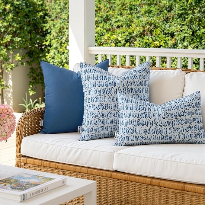 MIULEE Outdoor Lumbar Pillows with Inserts Set of 2 12x20 Inch Royal Blue | Patio Waterproof Fade Resistant Fluffy Throw Pillows Decorative Garden Natural Accent Leaves Cushion for Home Sofa Decor