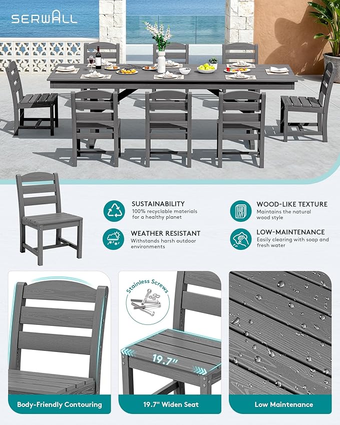 SERWALL Outdoor Armless Dining Chairs Set of 2, All-Weather HDPE Patio Chair with 19.7" Widened Seat, for Backyard, Garden, Gray
