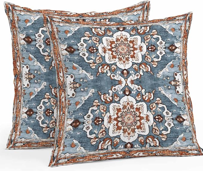 Blue Bohemian Waterproof Outdoor Pillow Covers Set of 2 Home Decor, Retro Pattern Oriental Farmhouse Ethnic Pillowcase Patio Pillow Covers for Couch Bench Furniture Garden 26x26in