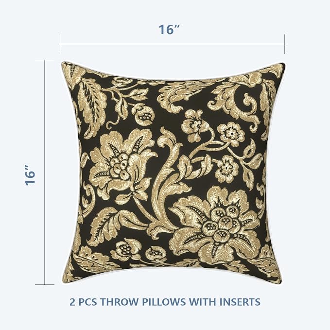 LVTXIII Set of 2 Patio Throw Pillows Waterproof 16"x16" Fade Resistant Outdoor Throw Pillows with Inserts, Fluffy Decorative Garden Toss Pillow Cushions for Home Patio Coach Sofa Use, Jacobean Black