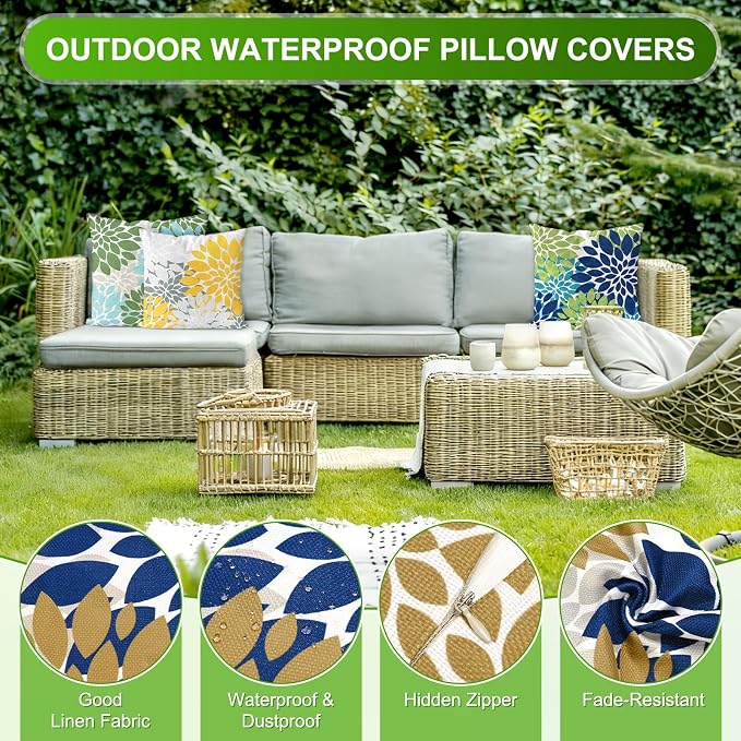 M METERXITY 2-Pack Pillow Cover 16x16 Linen, Blue Bronze Gray | Water Resistant Floral Decor Slipcover, for Patio, Balcony, Garden, Outdoor Pillow Case