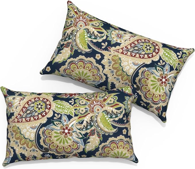 Outdoor Lumbar Pillows with Insert 12x20 Inch, Waterproof Throw Pillow for Patio Furniture, Decorative Lumbar Cushions for Garden Home Sofa Office Chair, Set of 2, Paisley Sapphire Blue