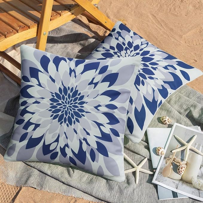 JASEN Outdoor Waterproof Pillow Covers, Blue Floral Pillow Covers, Set of 2 18x18, Double-Sided Decorative Outside Throw Pillows for Patio Furniture Couch Porch Garden