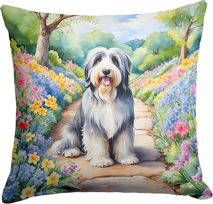 Caroline's Treasures Bearded Collie Spring Garden Throw Pillow Machine Washable, Indoor Outdoor Decorative Pillow for Couch, Bed or Patio, 18Hx18W
