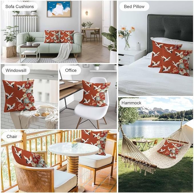 Japanese Style Outdoor Pillow Covers 18x18 Inch Throw Pillow Covers Set of 2 Waterproof Decorative Pillow Cases Red Farmhouse Botanical Peony Birds Cushion Covers for Patio Furniture Garden Couch Sofa