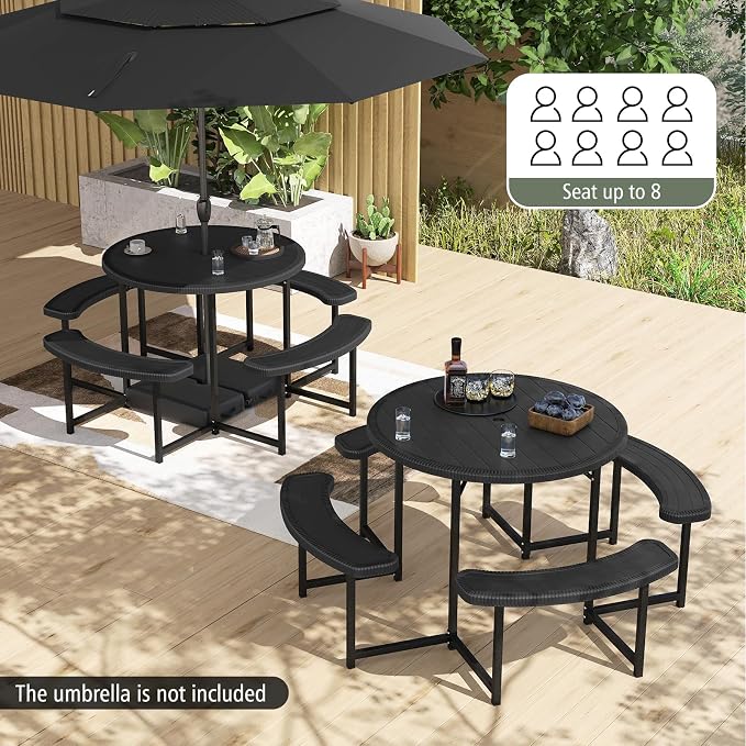 Giantex Picnic Table Bench Set for 4-8 Person, Round 37” Outdoor Dining Table w/Umbrella Hole, HDPE Tabletop, Metal Frame, Patio Furniture Set for Backyard Porch Lawn, 1400lb Capacity (Black,Round)