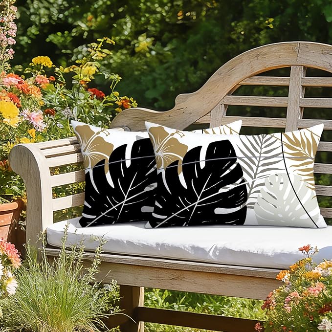 OTOSTAR Outdoor Waterproof Throw Pillow Covers 12x20 Inch Set of 2 Double-Sided Black Brown Grey Tropical Leaf and Flower Spring Summer Decorative Pillow Cases for Patio Funiture Garden Balcony Couch